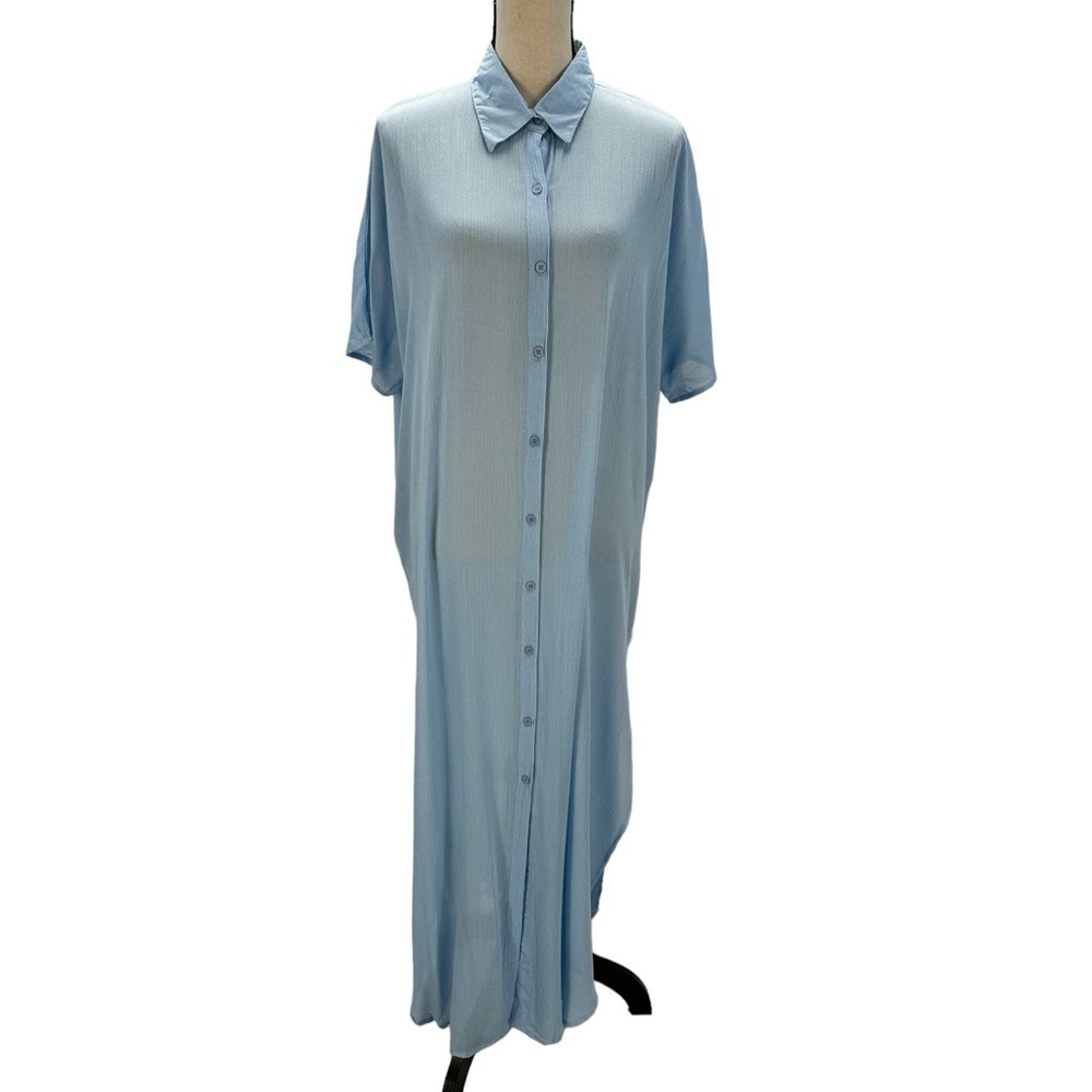 Raviya Short Sleeve Lightweight Button Down Maxi Dress Cover-up - Blue - Large